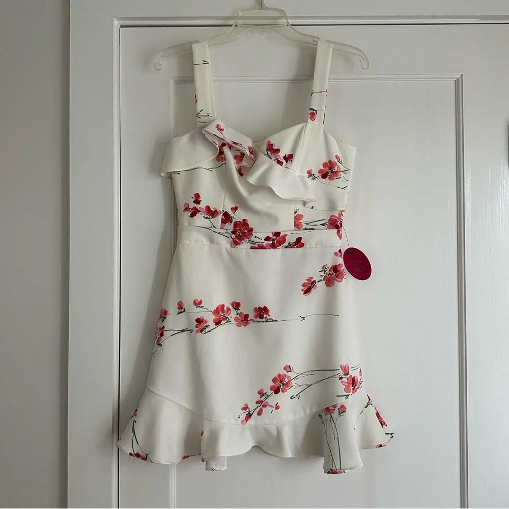 Black Halo Zalda White and Pink Floral Ruffle Mini Dress - Picture 3 of 7